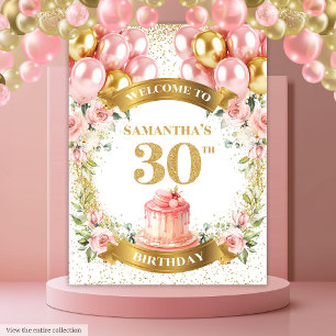 Mooie 30e Verjaardag Blush Gouden Feestbanner Wandkleed