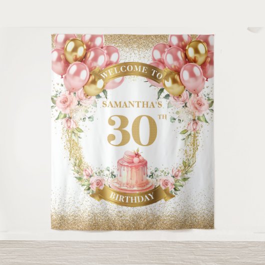 Mooie 30e Verjaardag Roze Gouden Feestbanner Wandkleed (Voorkant)