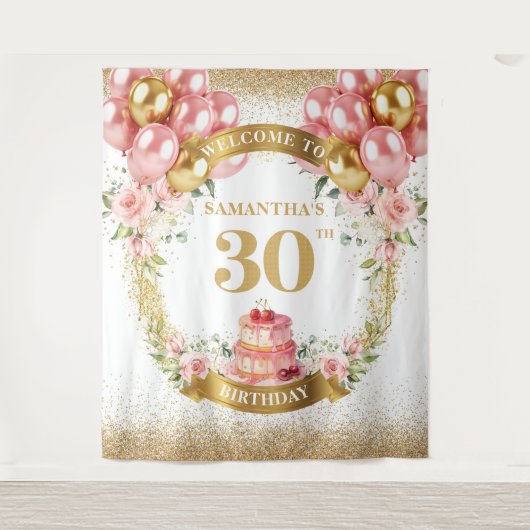 Mooie 30e Verjaardag Roze Gouden Tapijt Wandkleed (Voorkant)