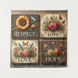 Mooie 3D houten borden met opwekkende bloemen Wandkleed