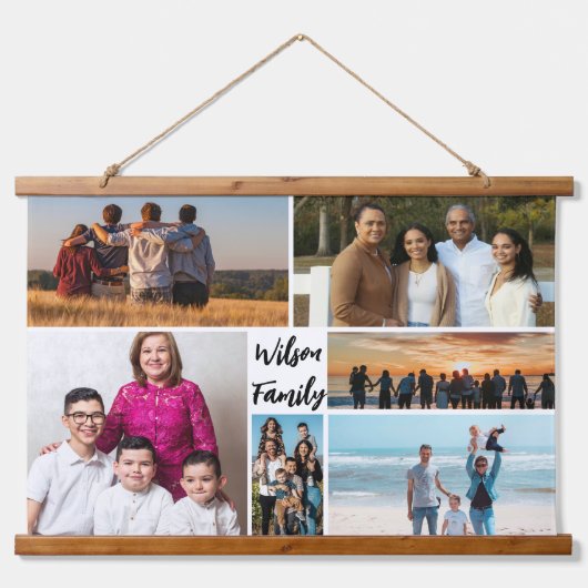 Mooie 6 familie fotocollage gepersonaliseerd hangend wandkleed (Voorkant)