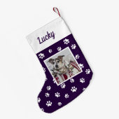 Mooie Aangepaste Hond Foto Naam Paars Witte Poten Kleine Kerstsok (Achterkant (Hangend))