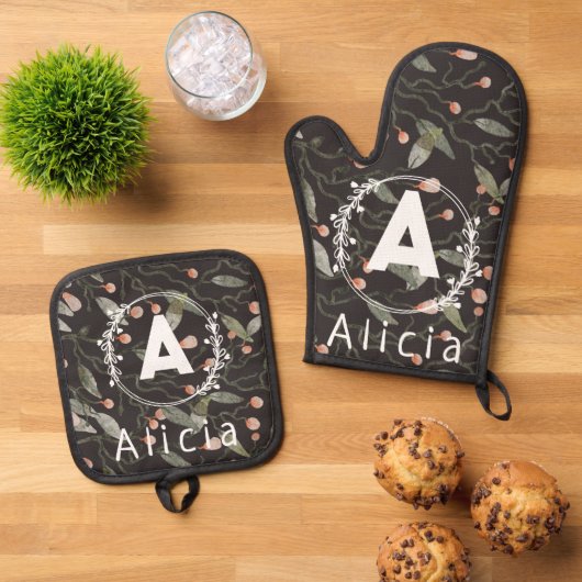 Mooie aangepaste Initiaal naam bloempatronen Ovenwant & Pannenlap Set (Top down)