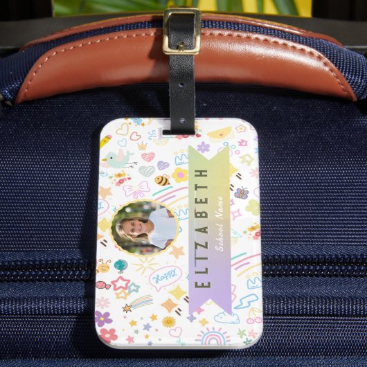 Mooie Aangepaste Kindernaam & Foto Kleurrijk Kind Bagagelabel (Voorkant Insitu 2)