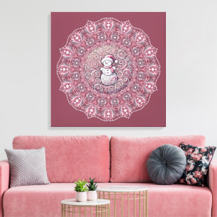 Mooie Aangepaste Speelse Roze Sneeuwman Stip Manda Canvas Afdruk