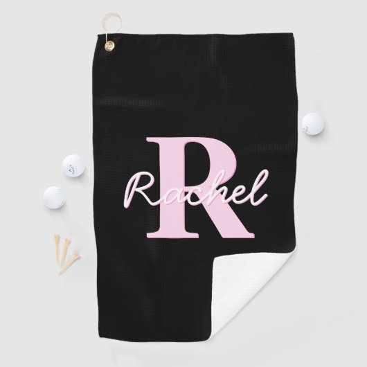 Mooie Aanpasbare Monogram | Licht Roze & Zwart Golfhanddoek (Insitu)