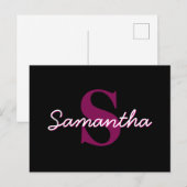 Mooie aanpasbare roze & zwarte monogram script briefkaart (Voorkant / Achterkant)