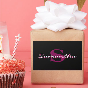 Mooie aanpasbare roze & zwarte monogram script rechthoekige sticker