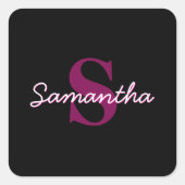 Mooie aanpasbare roze & zwarte monogram script vierkante sticker (Voorkant)
