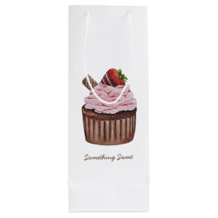 Mooie Aardbei Cupcake in Waterverf  Wijn Cadeautas
