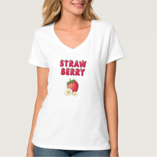 Mooie Aardbei Grafische Witte V-Hals T-Shirt