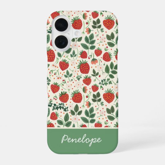 Mooie aardbeiendesign met aangepaste naam   iPhone 16 hoesje (Achterkant)