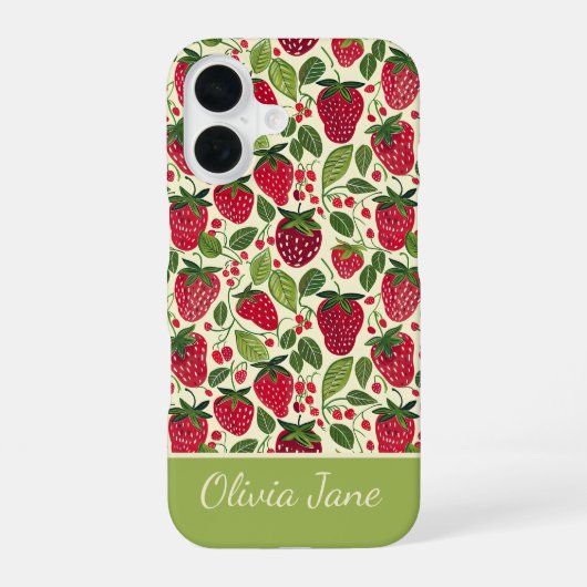 Mooie aardbeiendesign met eigen naam iPhone 16 hoesje (Achterkant)