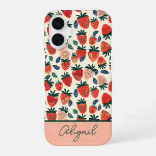 Mooie aardbeiendesign met eigen naam iPhone 16 hoesje