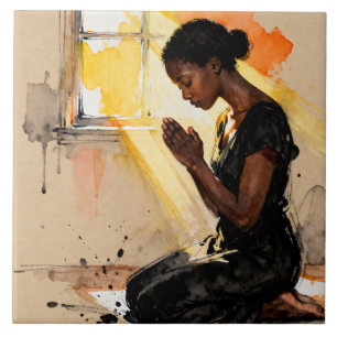 Mooie abstracte Afro-Amerikaanse vrouw die bidt Tegeltje