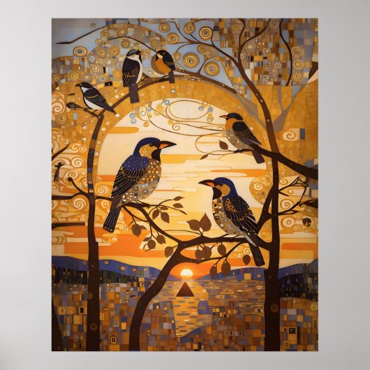 Mooie Abstracte vogeltjes bij Sunrise Decorative Poster (Voorkant)