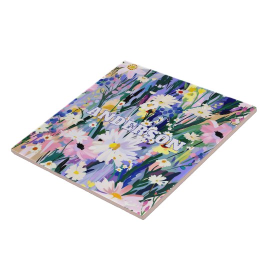 Mooie Abstracte Wildflowers Achternaam Tegeltje (Zijkant)