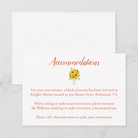 Mooie accommodaties zonnebloem thema informatiekaartje (Voorkant / Achterkant)