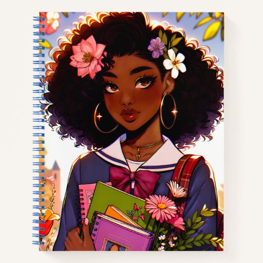 Mooie Afro-Amerikaanse Anime` School Girl Notitieboek (Voorkant)