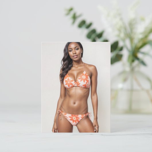 Mooie Afro-Amerikaanse bikini model in perzik Briefkaart (Staand voorkant)
