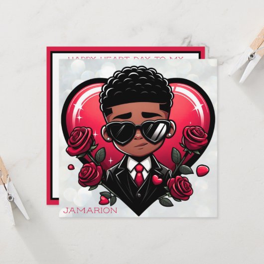 Mooie Afro-Amerikaanse Jongen Rode Hart Valentijns Kaart (Voorkant / Achterkant in situ)