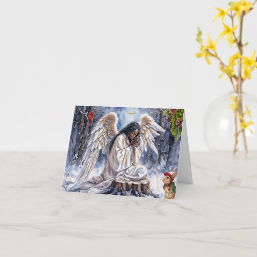 Mooie Afro-Amerikaanse Kerstengel Kaart (Gele Bloem)