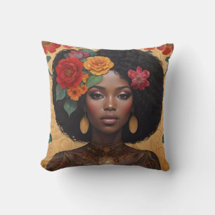 Mooie Afro-Amerikaanse vrouw met bloemen Kussen
