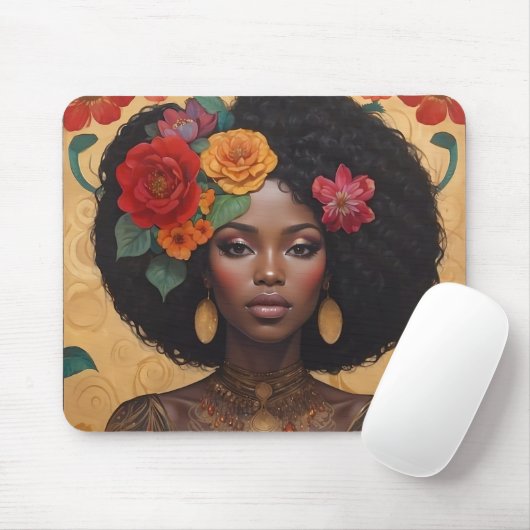 Mooie Afro-Amerikaanse vrouw met bloemen Muismat (Met muis)