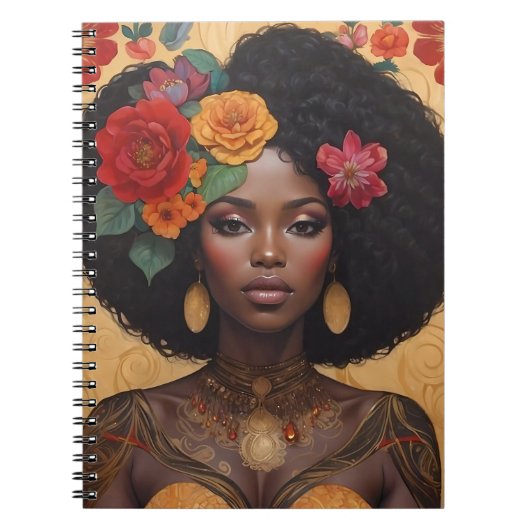 Mooie Afro-Amerikaanse vrouw met bloemen Notitieboek (Voorkant)