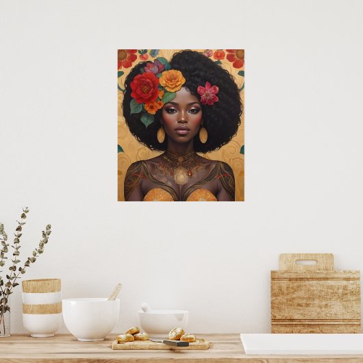 Mooie Afro-Amerikaanse vrouw met bloemen Poster (Keuken)