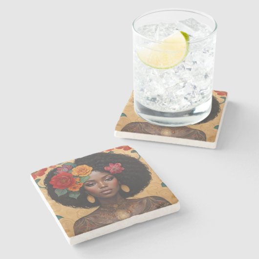 Mooie Afro-Amerikaanse vrouw met bloemen Stenen Onderzetter (Zijkant)