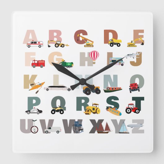 Mooie alfabet ABC-vrachtwagens, transportvoertuige Vierkante Klok (Voorkant)