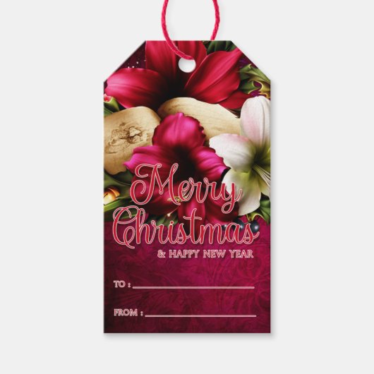 Mooie Amaryllis en Book Merry Kerstmis Cadeaulabel (Voorkant)