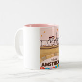 Mooie Amsterdam fietsreistoestel. Tweekleurige Koffiemok (Voorkant links)