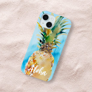 Mooie Ananas Tropisch Blauwe Waterverf Aloha iPhone 15 Case