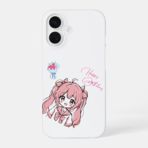 Mooie Anime Chibi Meisje Gelukkige Verjaardag Roze iPhone 16 Hoesje