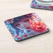 Mooie Anime Girl Glitchcore Bloemen Bier Onderzetter (Linkerzijde)