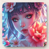 Mooie Anime Girl Glitchcore Bloemen Bier Onderzetter (Voorkant)