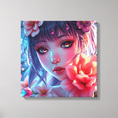 Mooie Anime Girl Glitchcore Bloemen Canvas Afdruk (Voorkant)