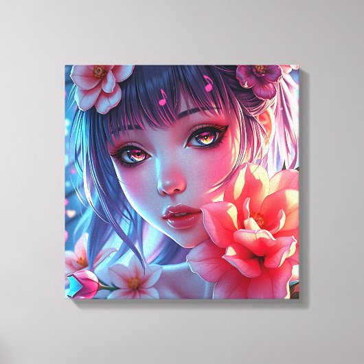 Mooie Anime Girl Glitchcore Bloemen Canvas Afdruk (Voorkant)