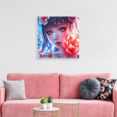 Mooie Anime Girl Glitchcore Bloemen Canvas Afdruk (Insitu (Woonkamer))