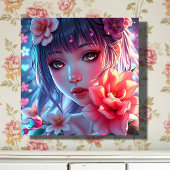 Mooie Anime Girl Glitchcore Bloemen Canvas Afdruk