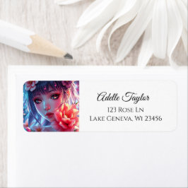 Mooie Anime Girl Glitchcore Bloemen Etiket