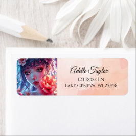 Mooie Anime Girl Glitchcore Bloemen Etiket