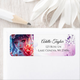 Mooie Anime Girl Glitchcore Bloemen Etiket