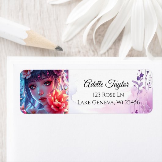 Mooie Anime Girl Glitchcore Bloemen Etiket (Insitu)