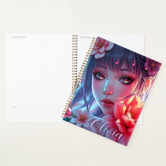 Mooie Anime Girl Glitchcore Bloemen Planner (Display)