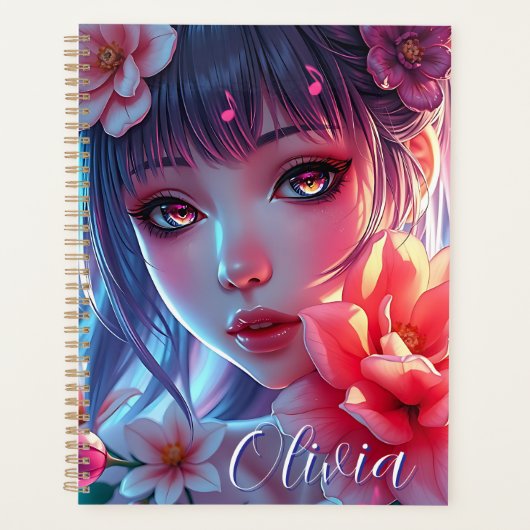 Mooie Anime Girl Glitchcore Bloemen Planner (Voorkant)