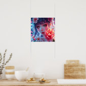 Mooie Anime Girl Glitchcore Bloemen Poster (Keuken)