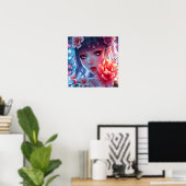Mooie Anime Girl Glitchcore Bloemen Poster (Thuiskantoor)